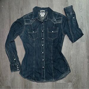 Ariat Blue Denim Fitted Embellished Button Down Shirt